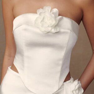 Meshki White Satin Strapless Corset Top with Flower Detail